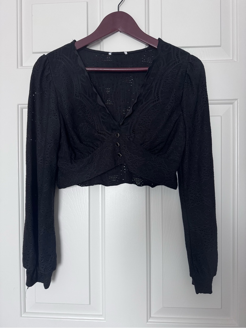 Black Eyelet Long-Sleeve Cropped Top - Women
